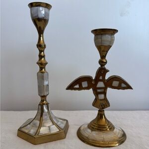 Vintage Brass and Mother of Pearl Candlestick Holders - Set of 2